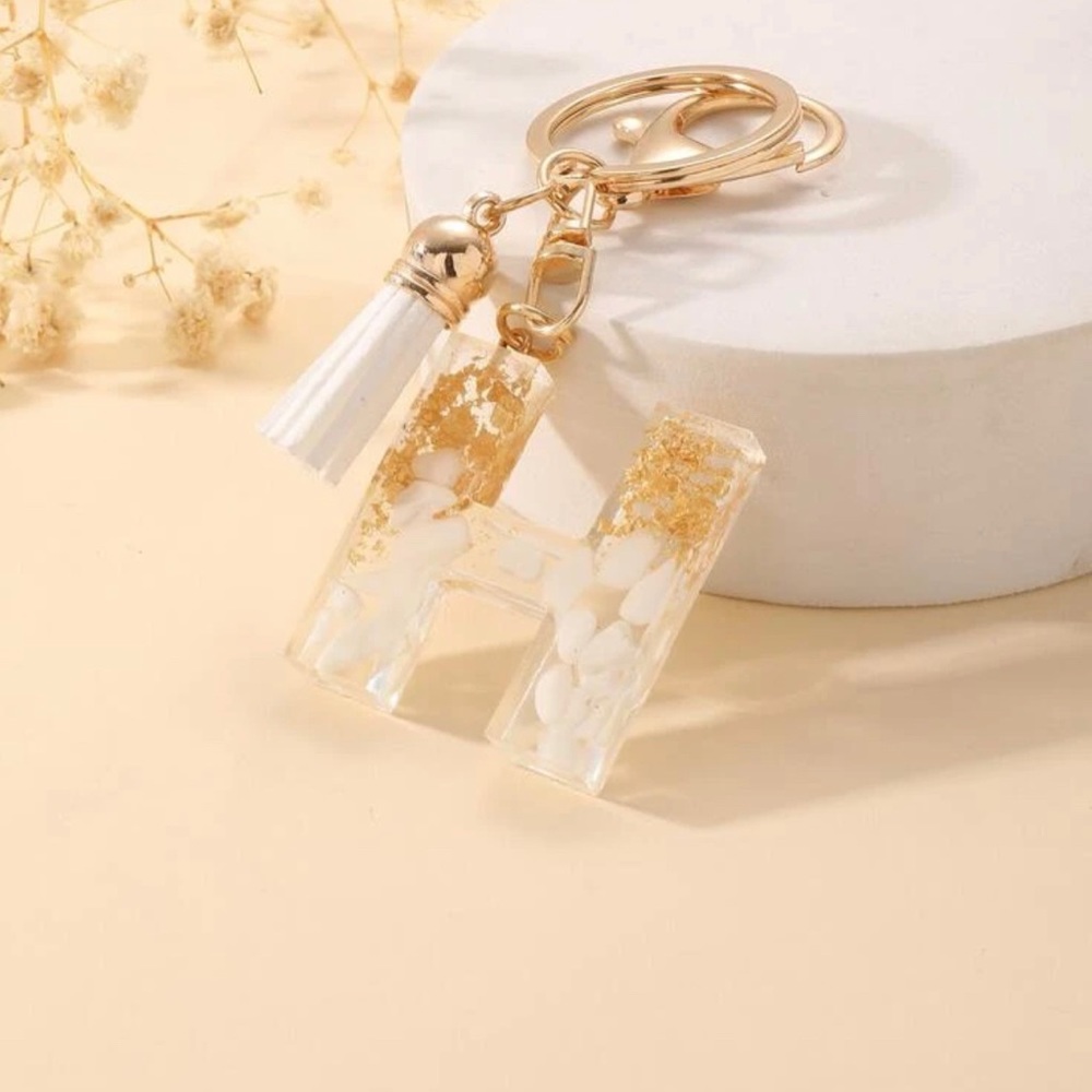 Letter H keychain/Bag Charm. Yellow and white with tassel. - Picture 1 of 2